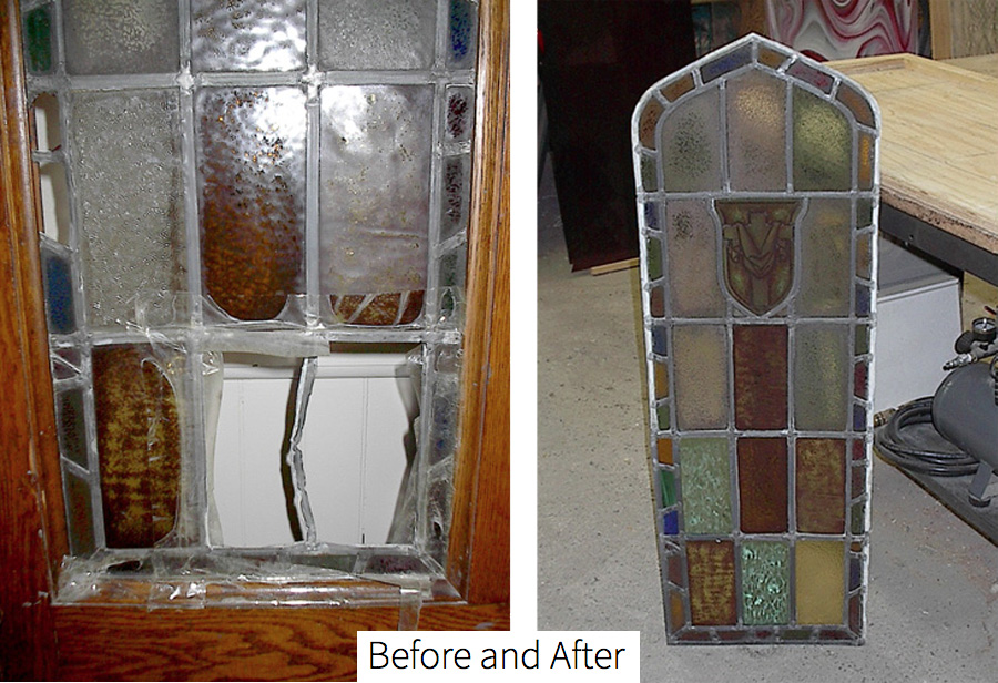 A shattered stained glass piece, now repaired