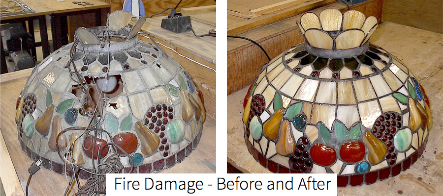 A favorite of ours. This beautiful lamp was repaired from horrible condition after considerable fire damage, now like new.